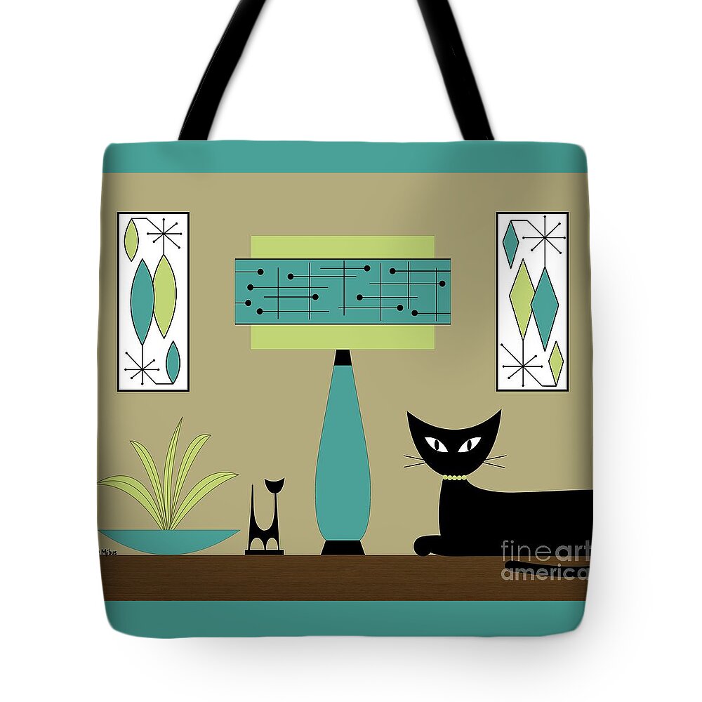 Mid Century Modern Tote Bag featuring the digital art Cat on Tabletop with Lamp in Teal by Donna Mibus