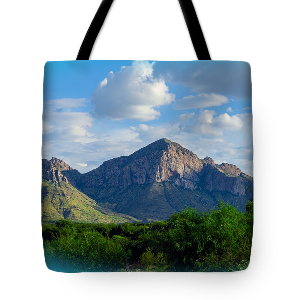 Arizona Tote Bag featuring the photograph Catalina Mountains P24861-R by Mark Myhaver
