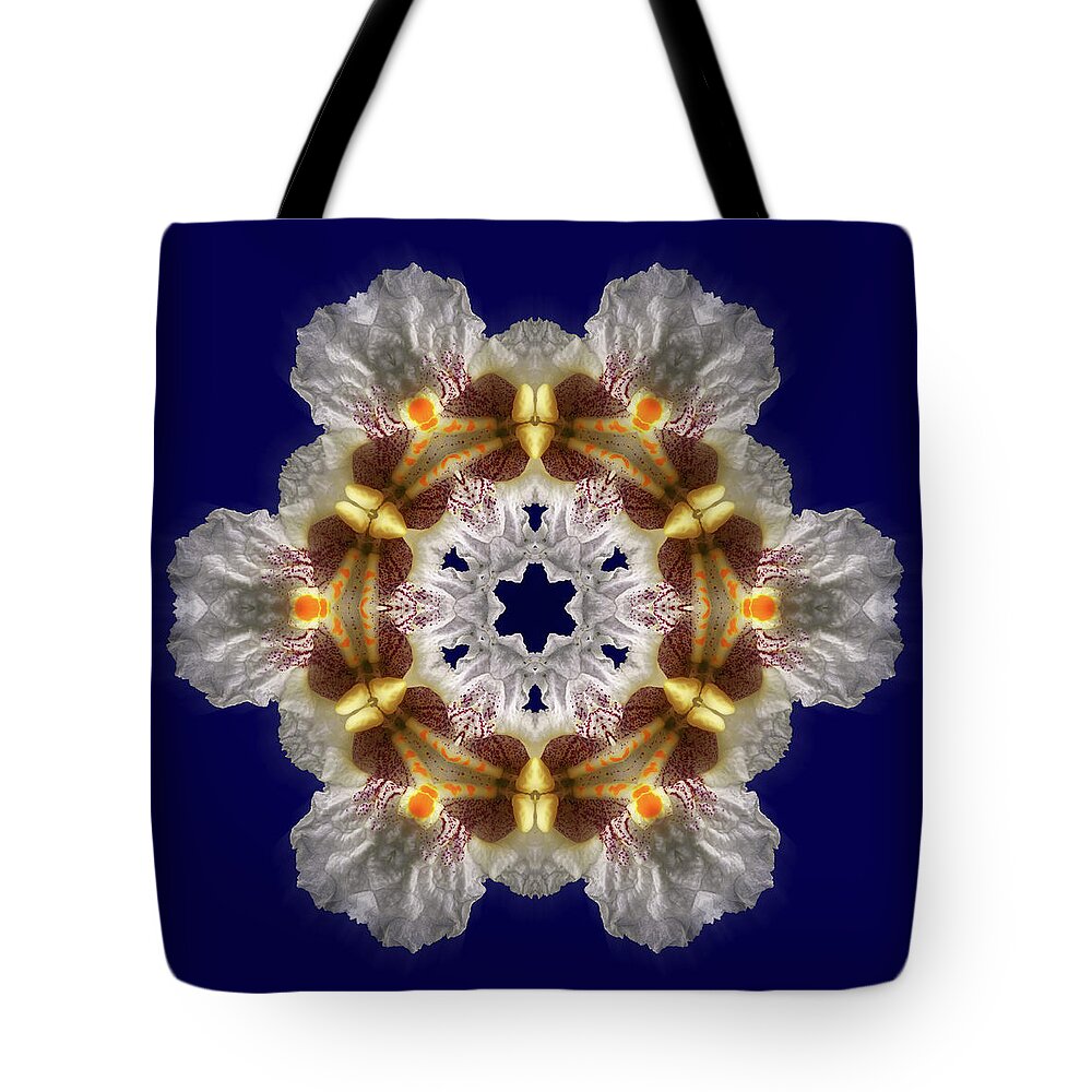 Catalpa Tote Bag featuring the photograph Catalpa Blossom Snowflake - kaleidoscope view of catalpa blosssom closup by Peter Herman