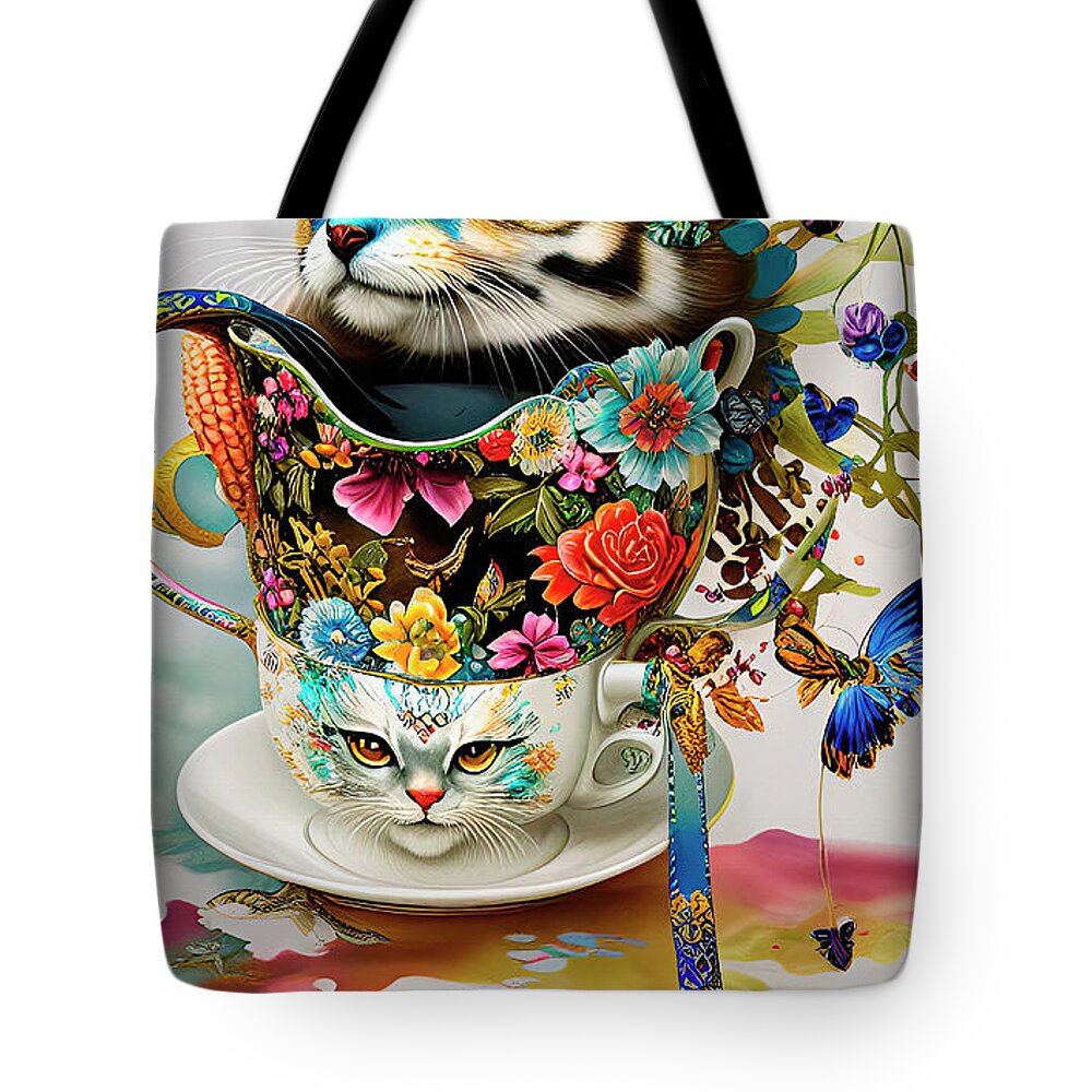 Digital Art Tote Bag featuring the digital art Cats in A Cup 2 Ginette In Wonderland Decorative Art by Ginette Callaway