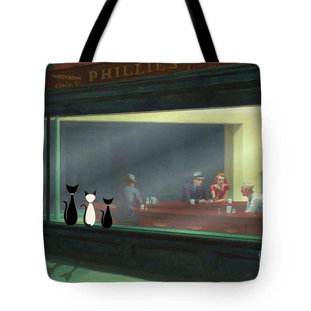 Nighthawks Tote Bag featuring the digital art Cats Peer Into Nighthawks Diner by Donna Mibus