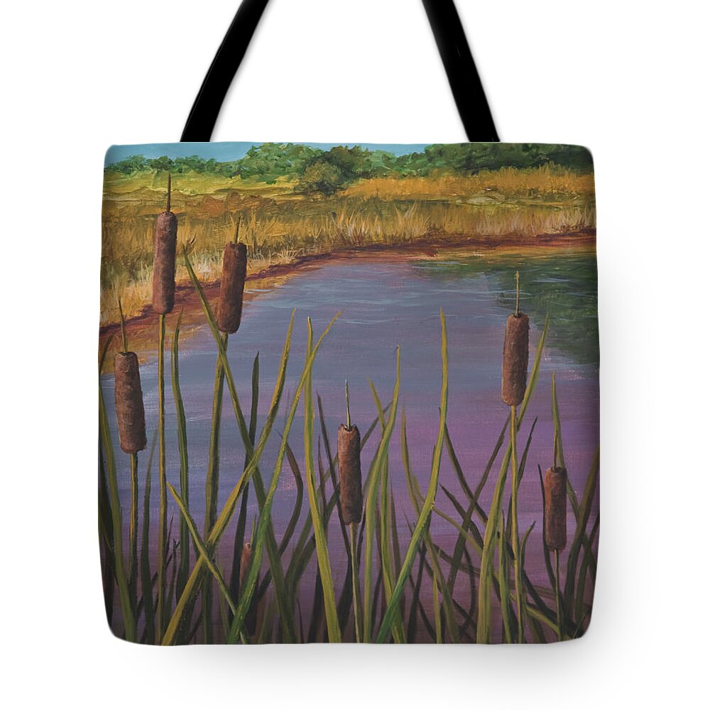 Landscape Tote Bag featuring the painting Cattails by Darice Machel McGuire