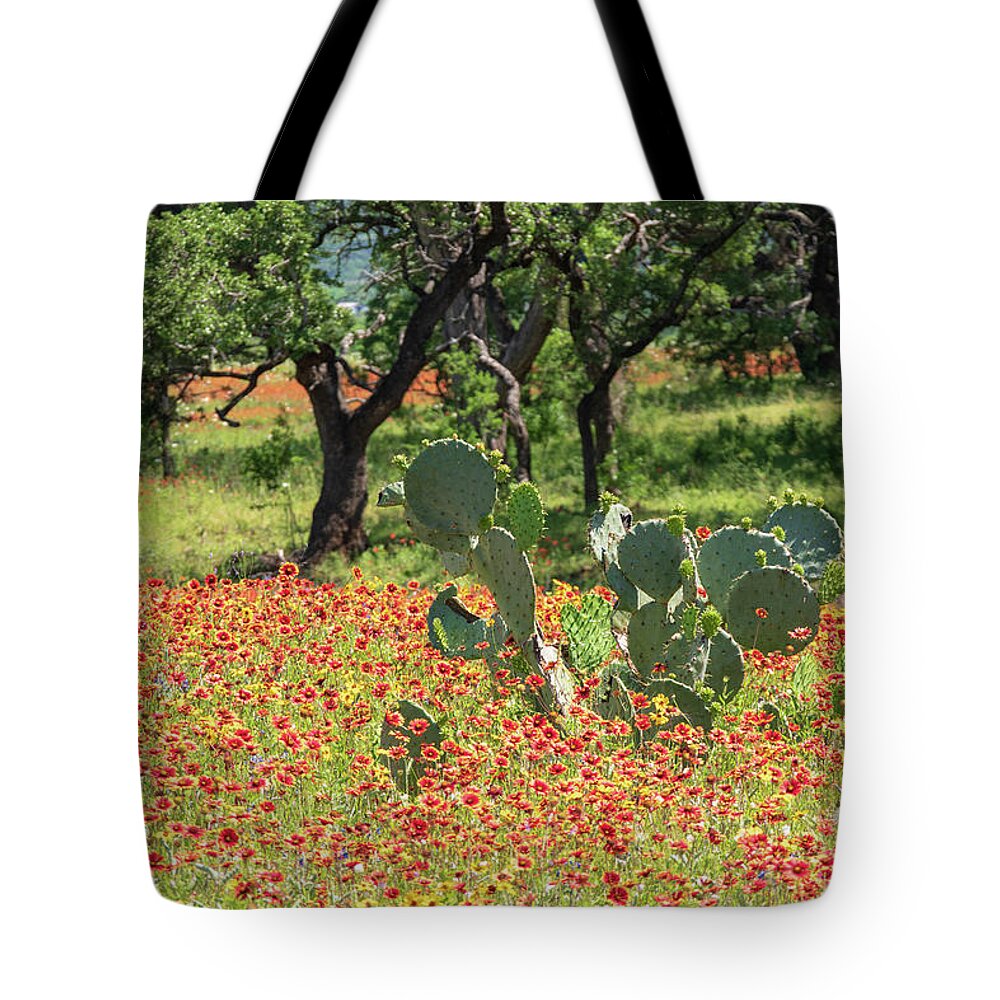 Texas Tote Bag featuring the photograph Catus in hill country flowers by Nathan Wasylewski