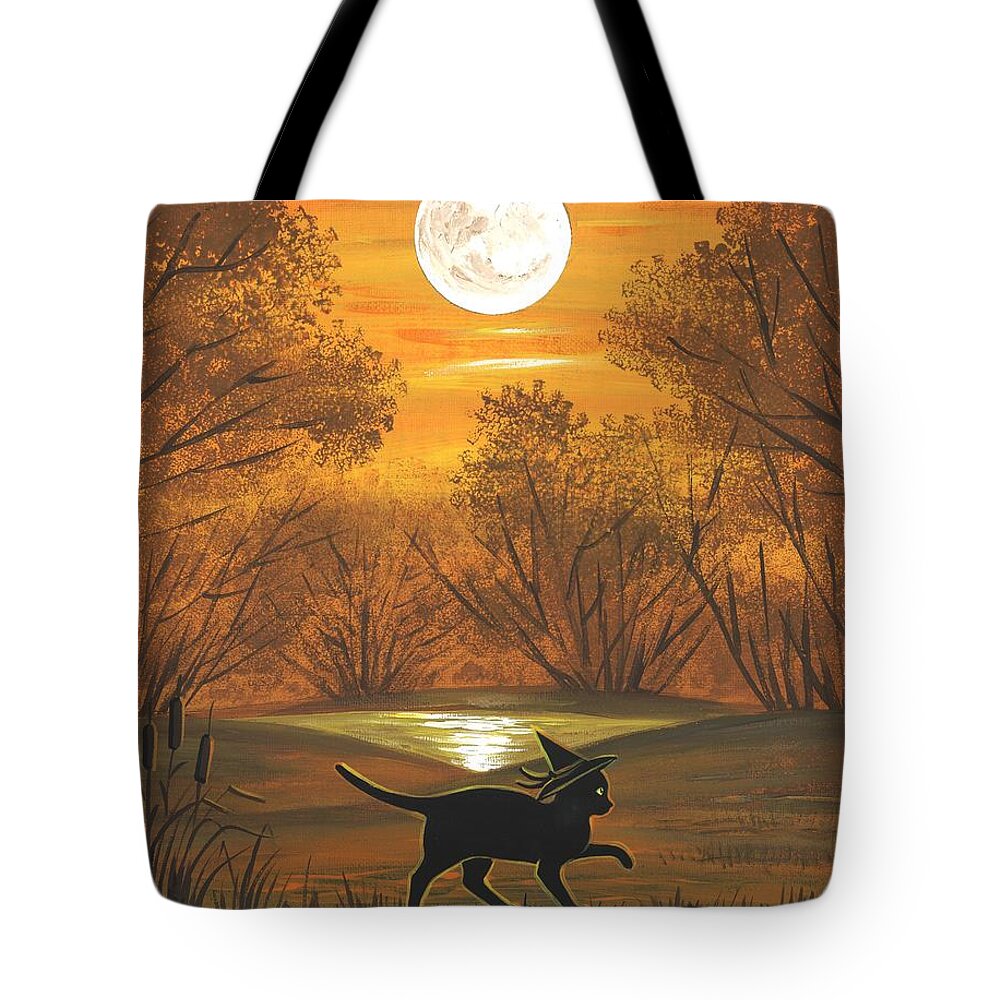 Halloween Tote Bag featuring the painting Catwitch Of Salem Forest by Margaryta Yermolayeva