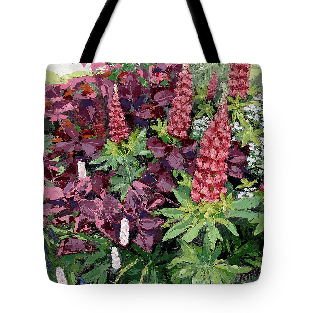 Oil Painting Tote Bag featuring the painting Cawdor Castle Lupins, 2015 by PJ Kirk