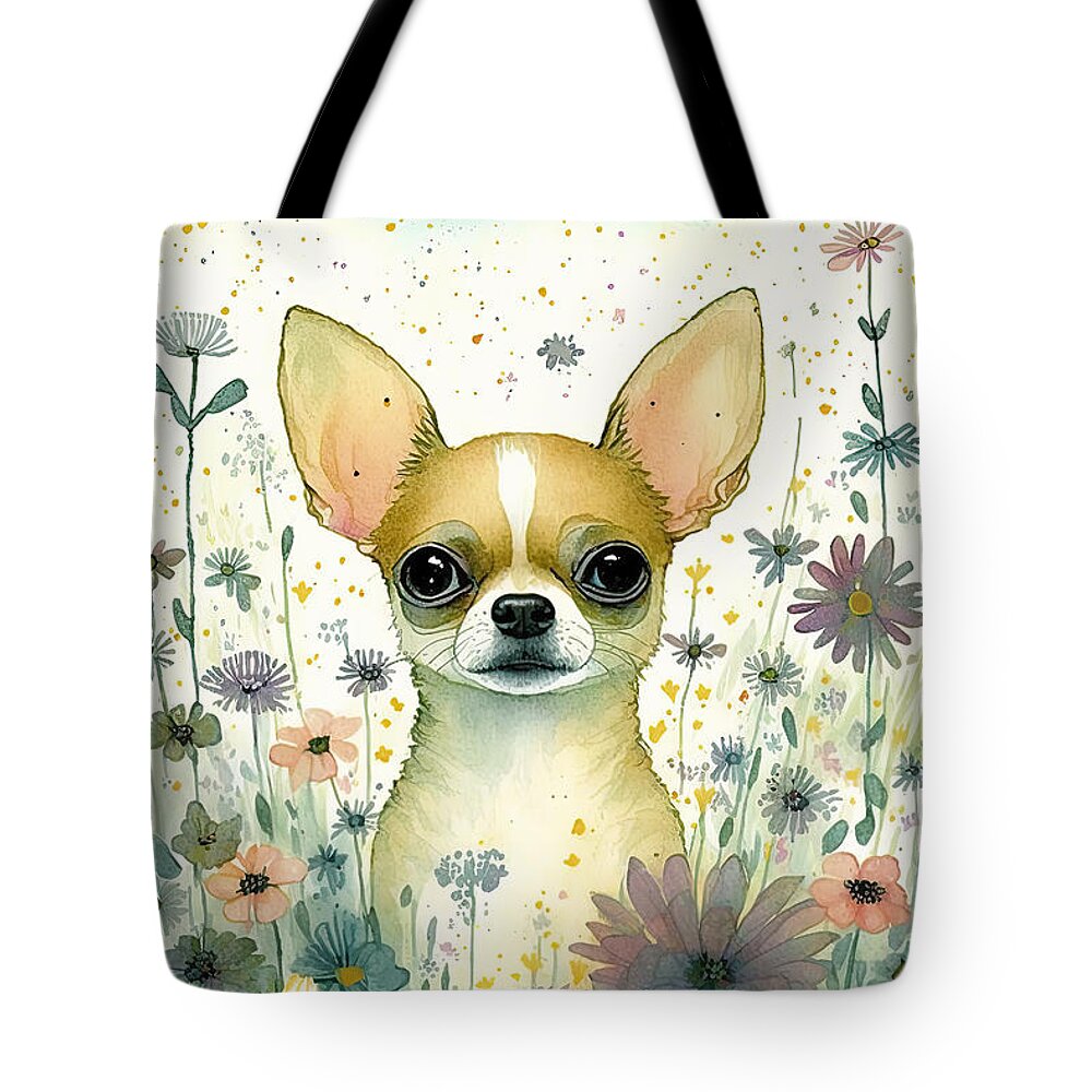 Chihuahua Tote Bag featuring the digital art CChihuahua in a flower field 3 by Debbie Brown