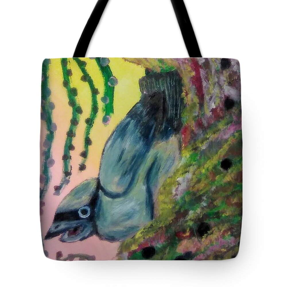 Cedar Waxwing Tote Bag featuring the painting Cedar Waxwing by Andrew Blitman