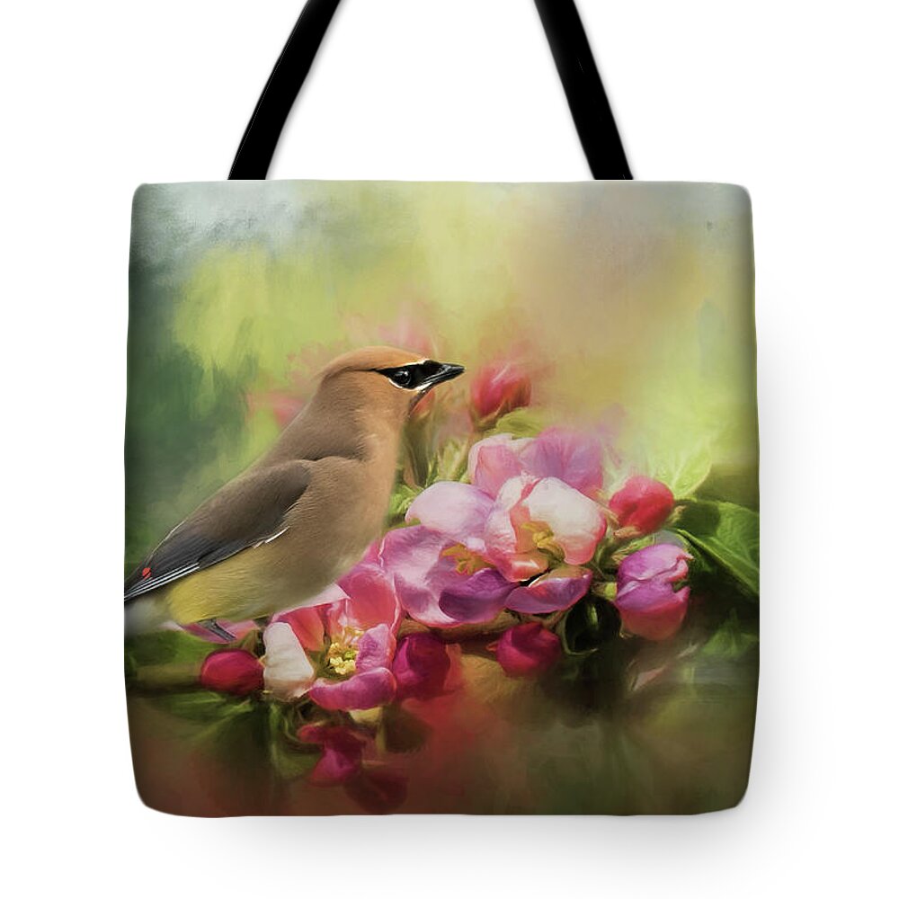 Cedar Waxwing Tote Bag featuring the photograph Cedar Waxwing in Spring Florals by Constance Puttkemery