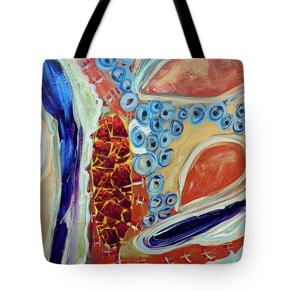 Mixed Media Tote Bag featuring the mixed media Cellular Rebirth Abstract With Orange Glass Shards by Debra Amerson