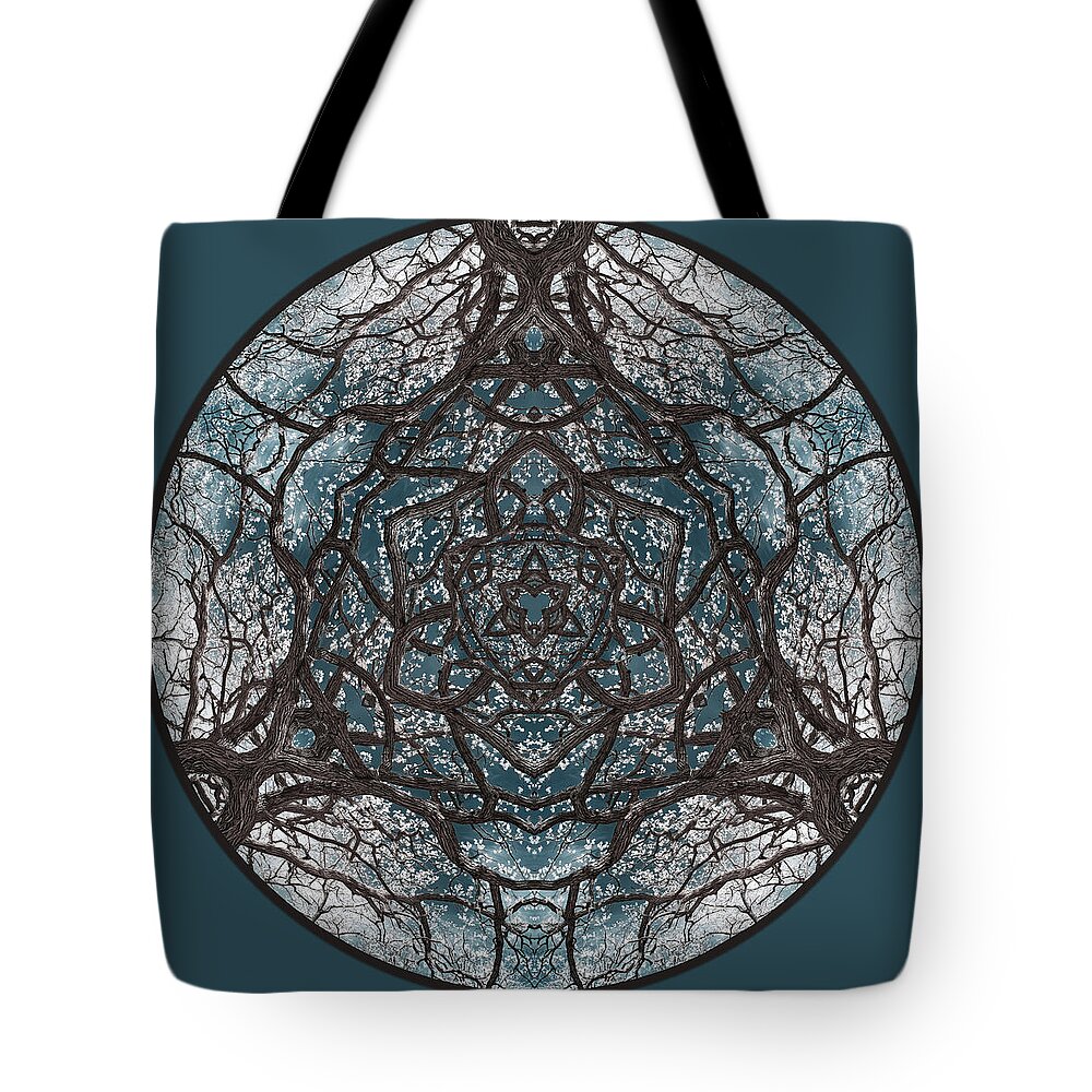 Celtic Tote Bag featuring the photograph CeltOak Creation - Celtic trinity knot triquetra vibes evoked by kaleidoscopic view of an oak tree by Peter Herman