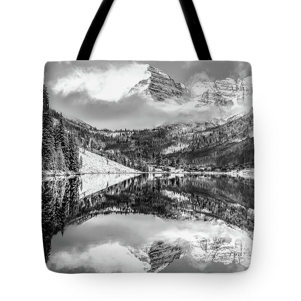 Aspen Tote Bag featuring the photograph Center Panel 2 of 3 - Maroon Bells Mountain Landscape Panoramic BW - Aspen Colorado by Gregory Ballos