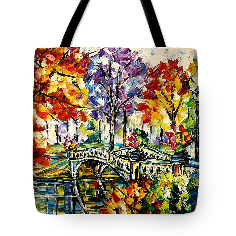 Colorful Cityscape Tote Bag featuring the painting Central Park, Bow Bridge by Mirek Kuzniar