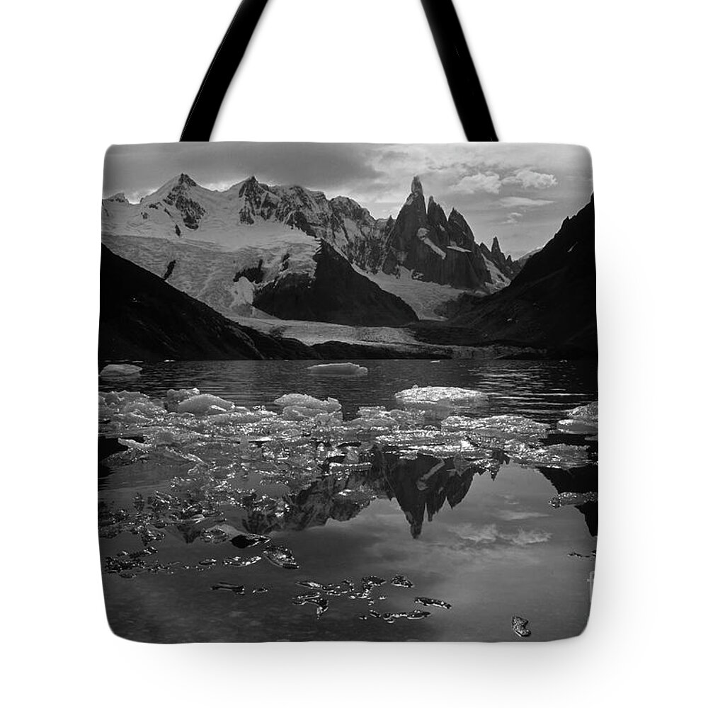 Patagonia Tote Bag featuring the photograph Cerro Torre black and white Patagonia Argentina by James Brunker