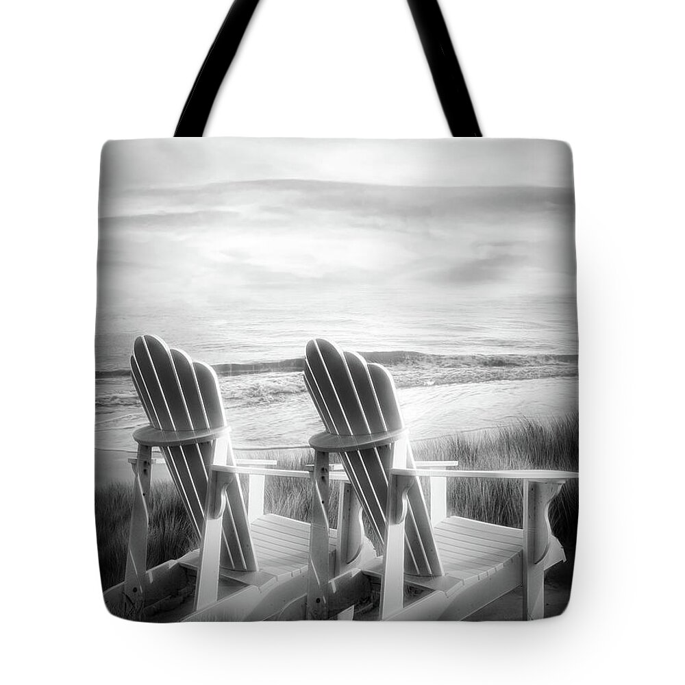 Black Tote Bag featuring the photograph Chairs in the Dunes Black and White by Debra and Dave Vanderlaan