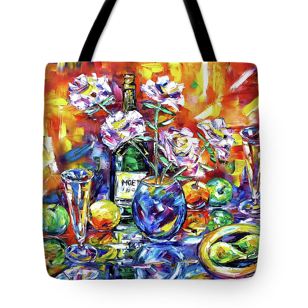 Champagne Bottle Tote Bag featuring the painting Champagne Breakfast by Mirek Kuzniar