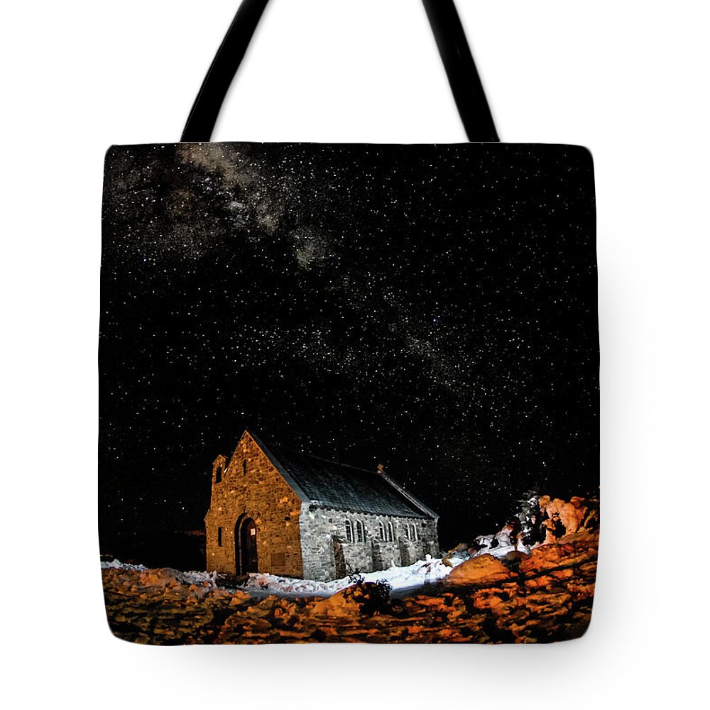 Milky Way Tote Bag featuring the photograph Chapel - Church of Good Shepherd, South Island, New Zealand by Earth And Spirit