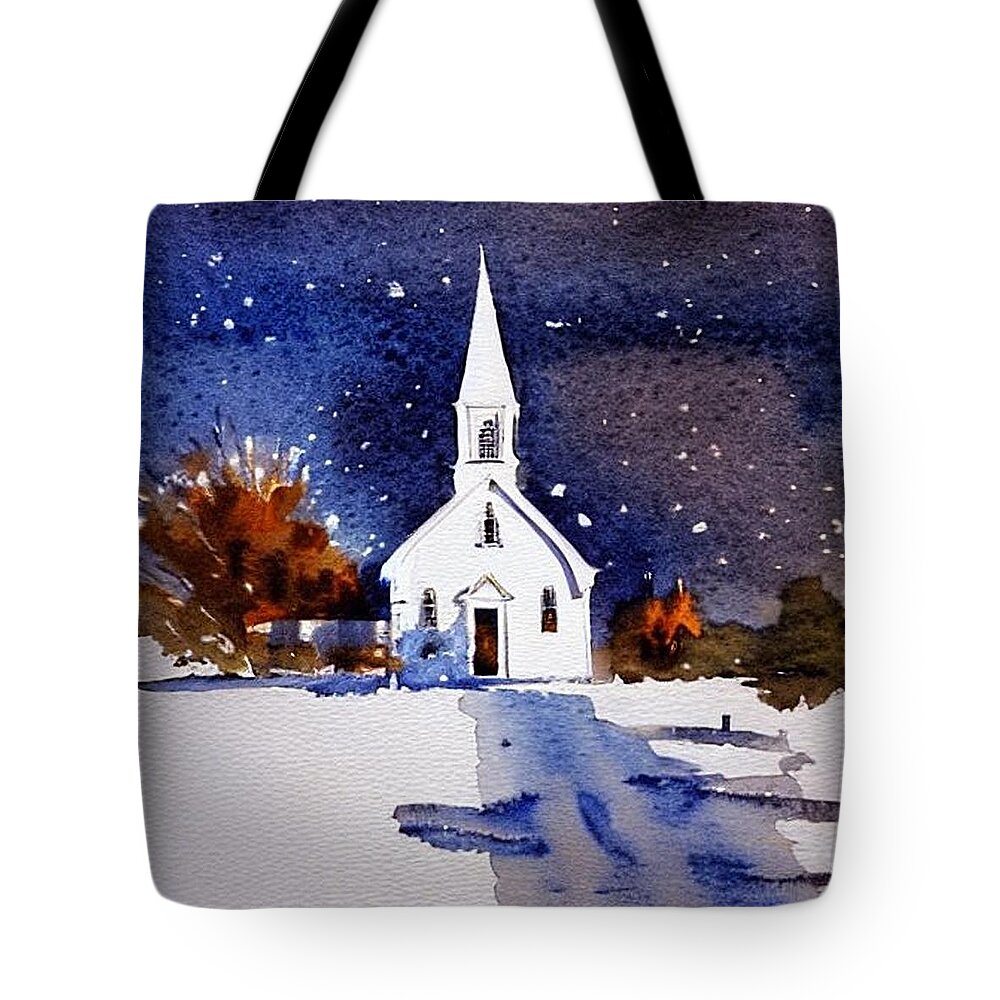 Chapel Tote Bag featuring the painting Chapel on a Winter's Morn, New Jersey by Christopher Lotito
