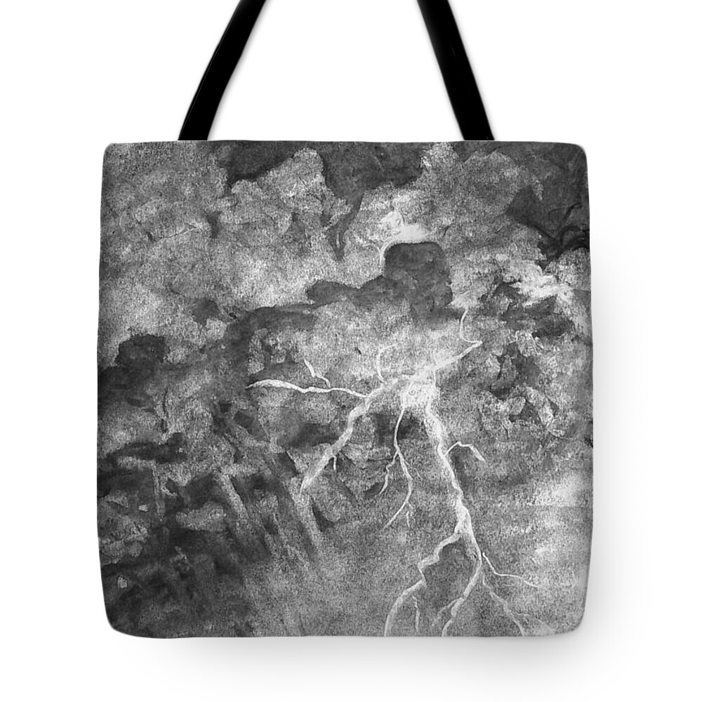 Thunderstorm Tote Bag featuring the drawing Charcoal Lightning Strike by Expressions By Stephanie