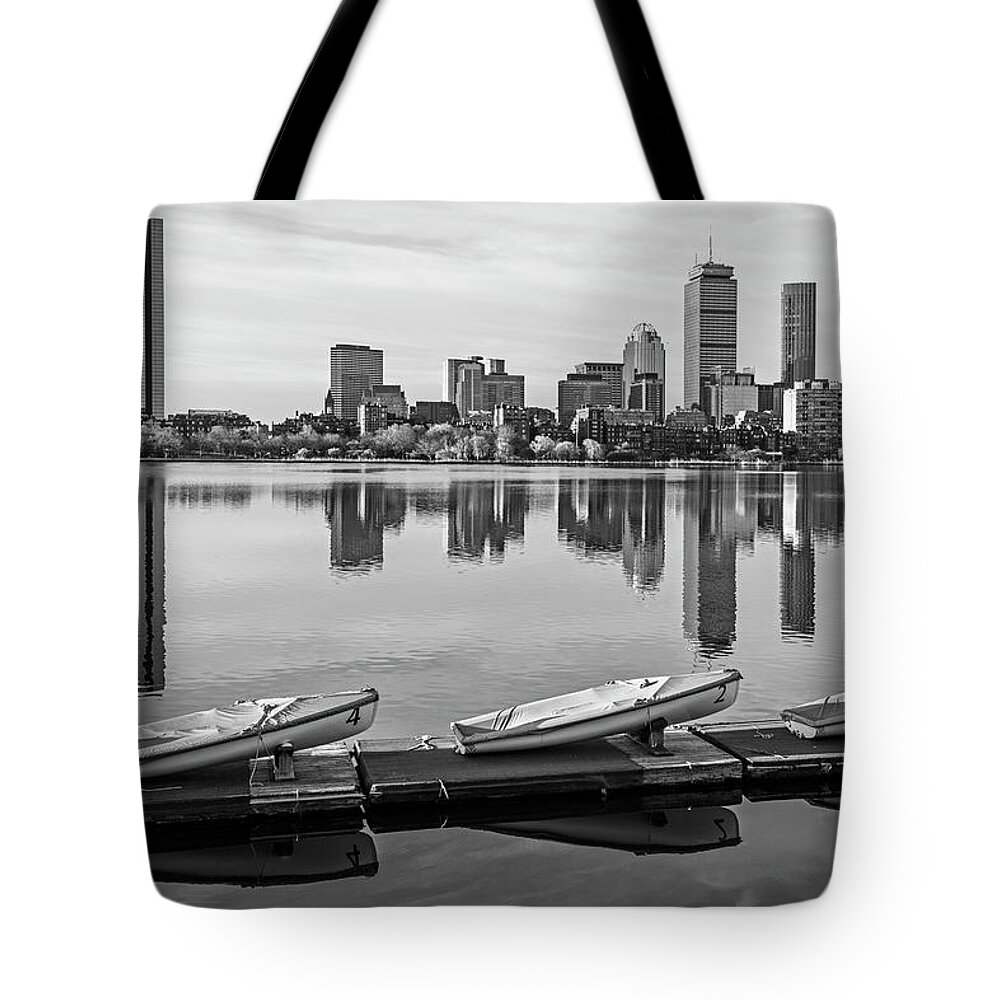 Charles Tote Bag featuring the photograph Charles River Beautiful Spring Day and Reflection Boston Massachusetts Black and White by Toby McGuire