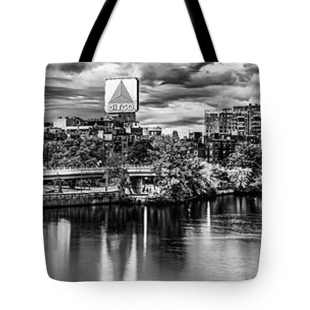 Boston Panorama Tote Bag featuring the photograph Charles River Black and White Panorama - Boston Massachusetts by Gregory Ballos