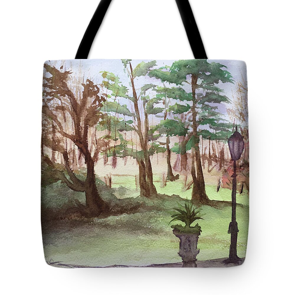 Landscape Tote Bag featuring the painting Stanhill Court in Charlwood by Roxy Rich
