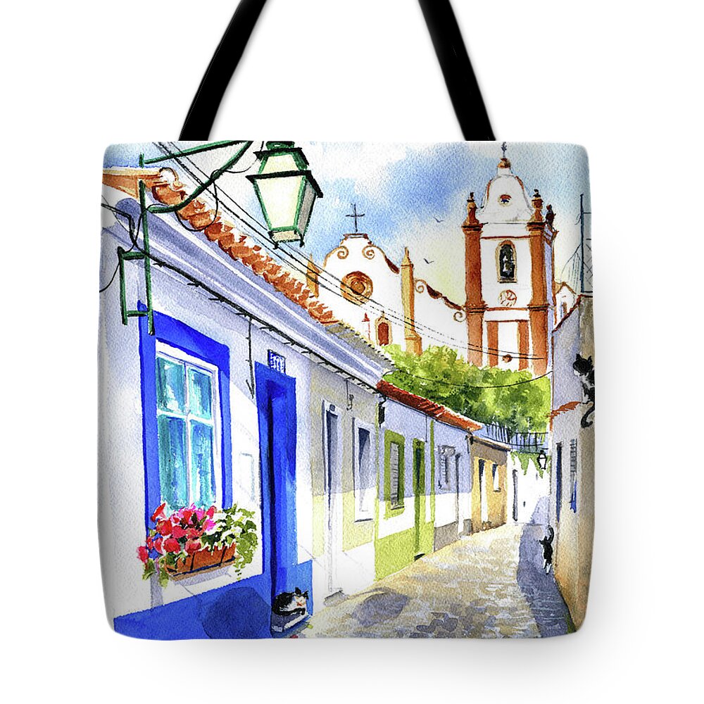 Algarve Tote Bag featuring the painting Charming Street In Silves Algarve Portugal by Dora Hathazi Mendes