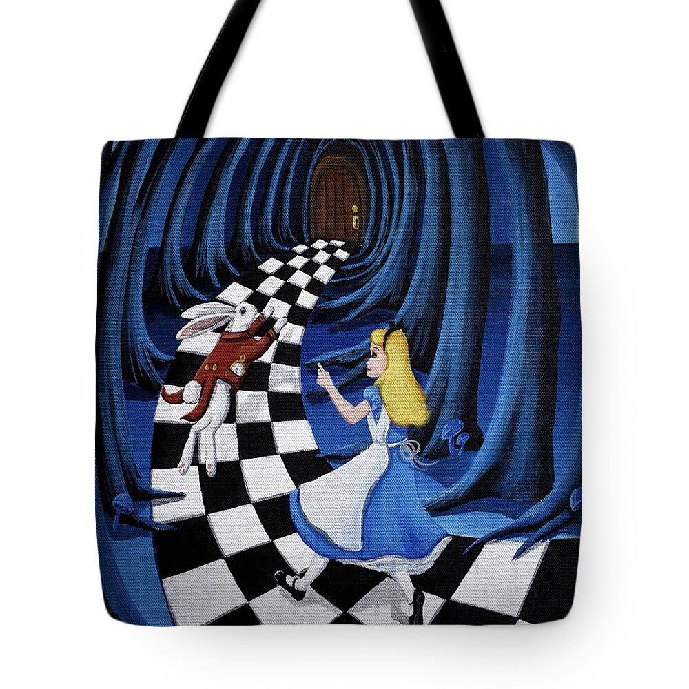 Alice In Wonderland Tote Bag featuring the painting Chasing Rabbit Alice Wonderland by Debbie Criswell