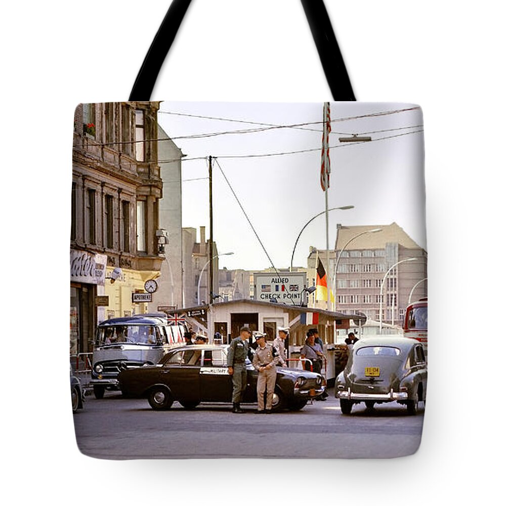 Checkpoint Charlie Tote Bag featuring the photograph Checkpoint Charlie - Berlin 1964 by Joe Bonita