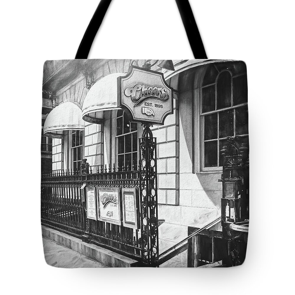 Boston Tote Bag featuring the photograph Cheers Bar Beacon Hill Boston Black and White by Carol Japp