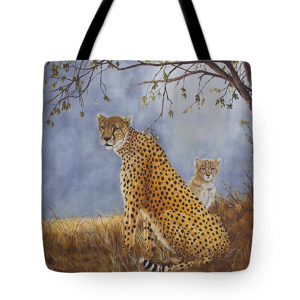 African Wildlife Tote Bag featuring the painting Cheetah With Cub by Johanna Lerwick