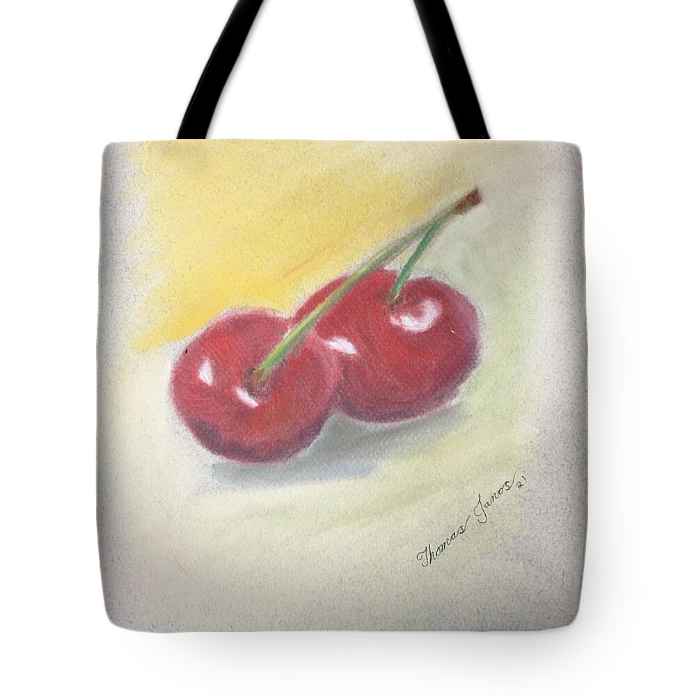 Pastels Tote Bag featuring the drawing Cherries by Thomas Janos
