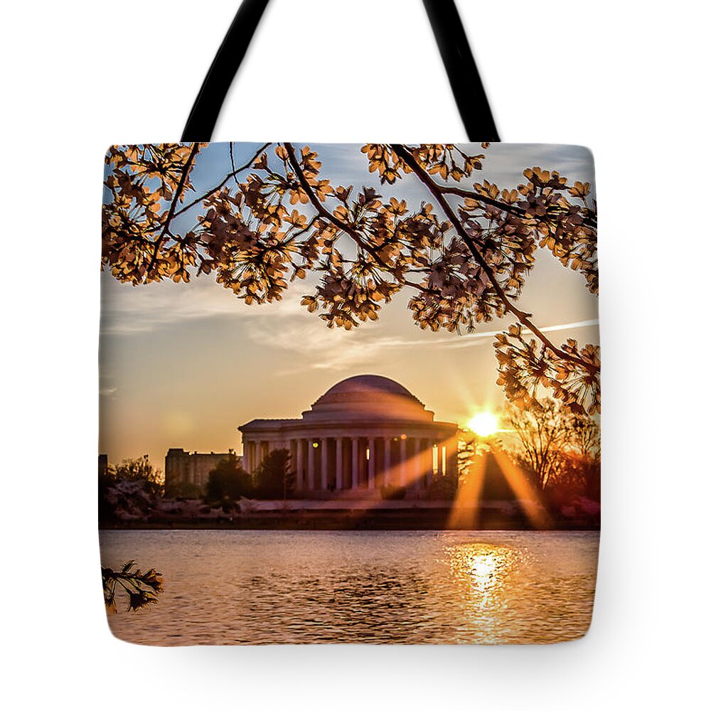 Cherry Blossoms Tote Bag featuring the photograph Cherry blossoms and Jefferson Memorial by Robert Miller