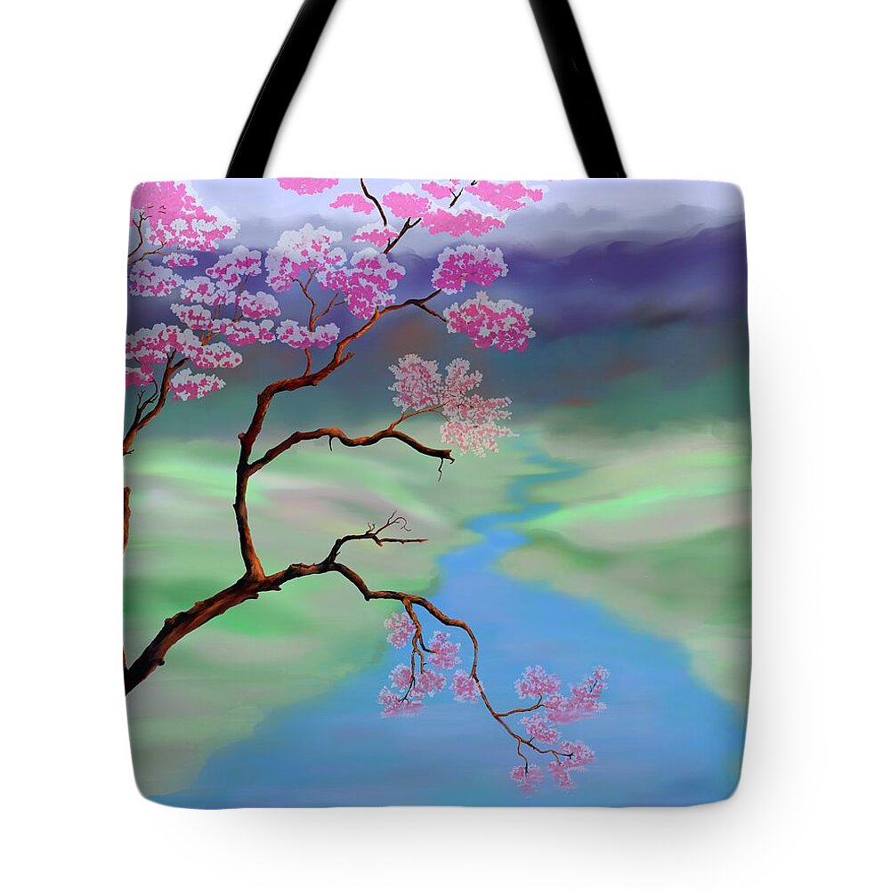 Landscape Tote Bag featuring the digital art Cherry Blossoms by Marilyn Cullingford