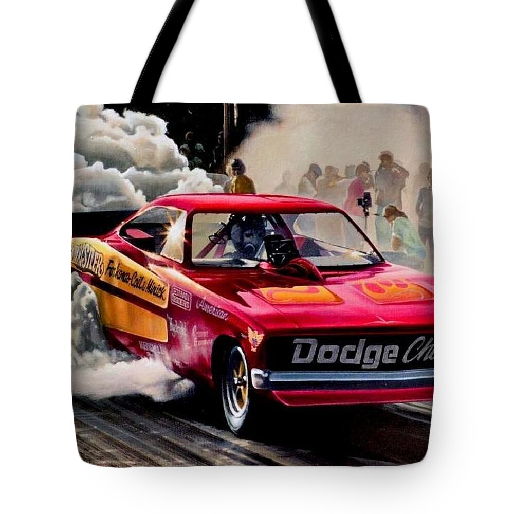 Nhra Funny Cars Dragsters Chi-town Hustler Carlsbad Alan Earman Kenny Youngblood Nitro Methane Nostalgia Pat Minick Austin Coil John Force Tote Bag featuring the painting Chi-Town Carlsbad by Kenny Youngblood