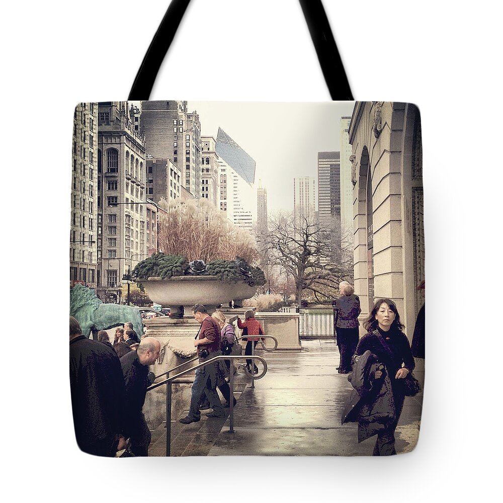 Architecture Tote Bag featuring the photograph Chicago Art Institute Street Architecture Rain by Patrick Malon