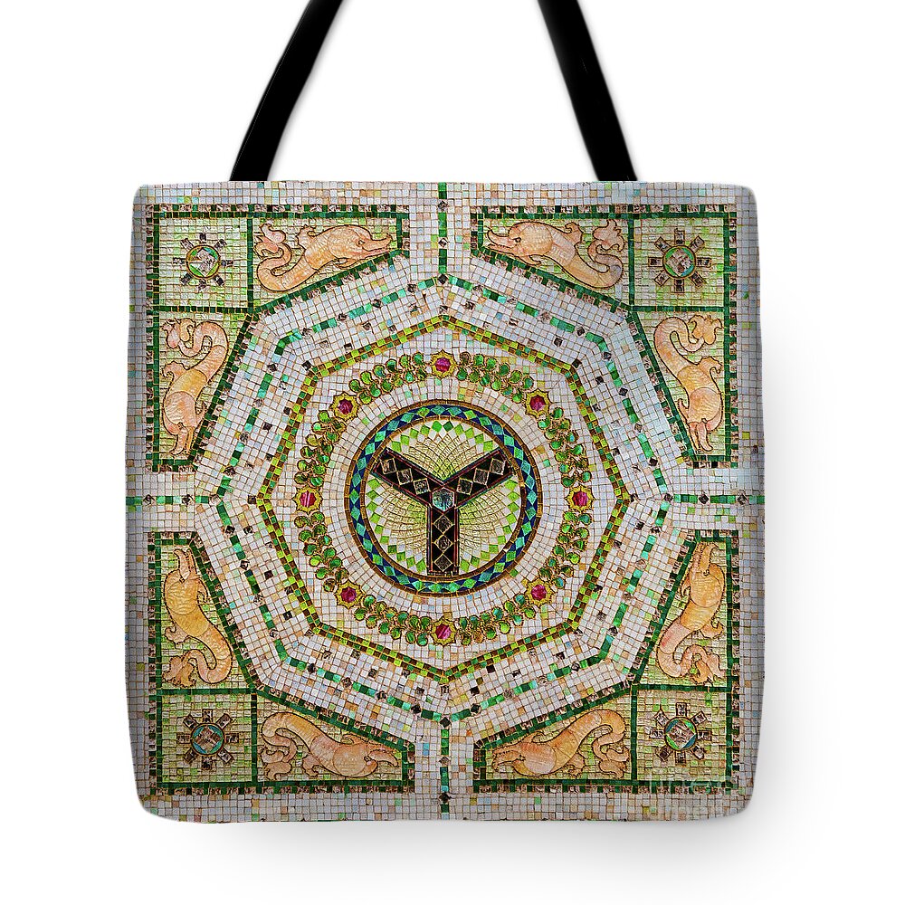 Art Tote Bag featuring the photograph Chicago Cultural Center Ceiling with Y Symbol in Mosaic by David Levin