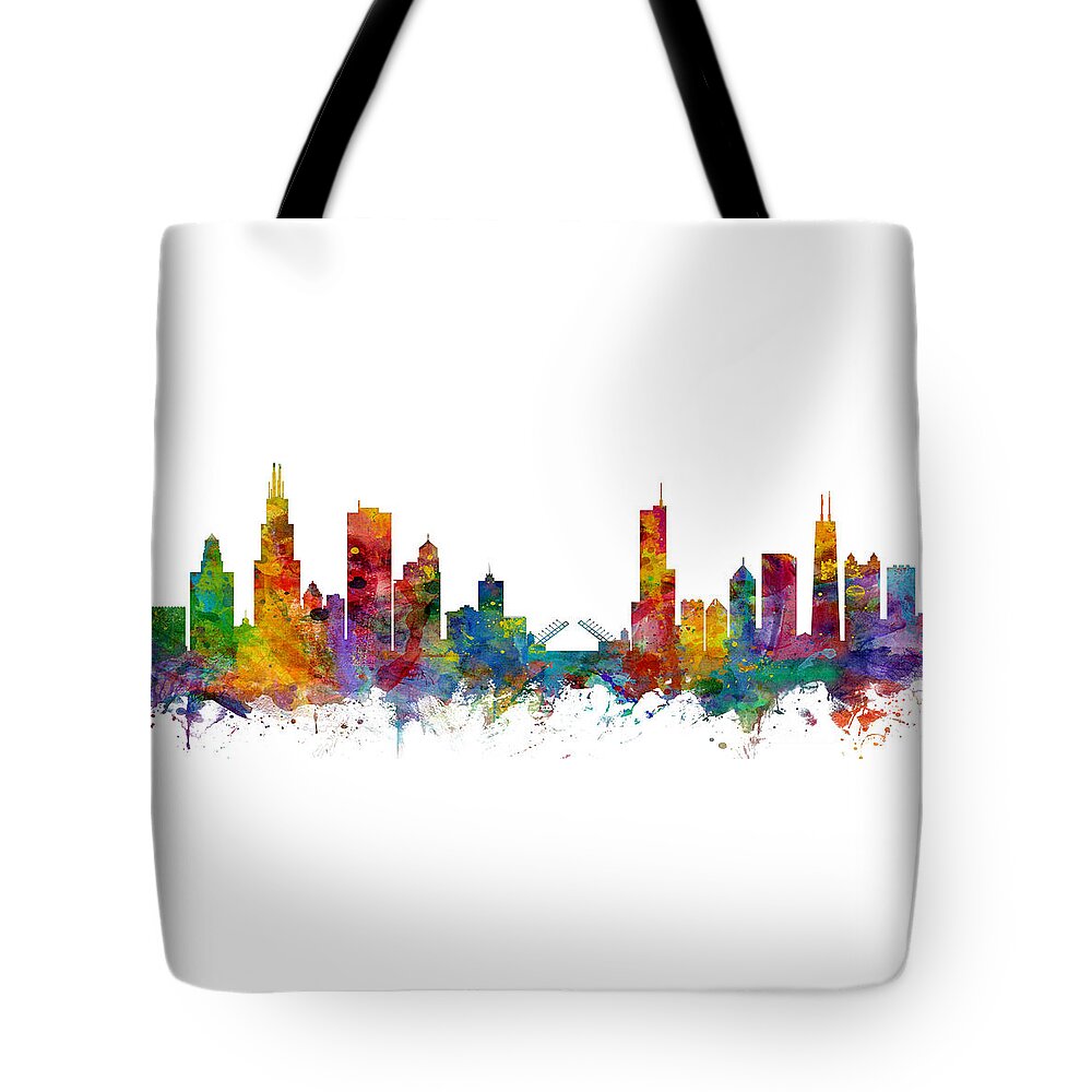 Chicago Tote Bag featuring the digital art Chicago Illinois Skyline Custom Panoramic by Michael Tompsett