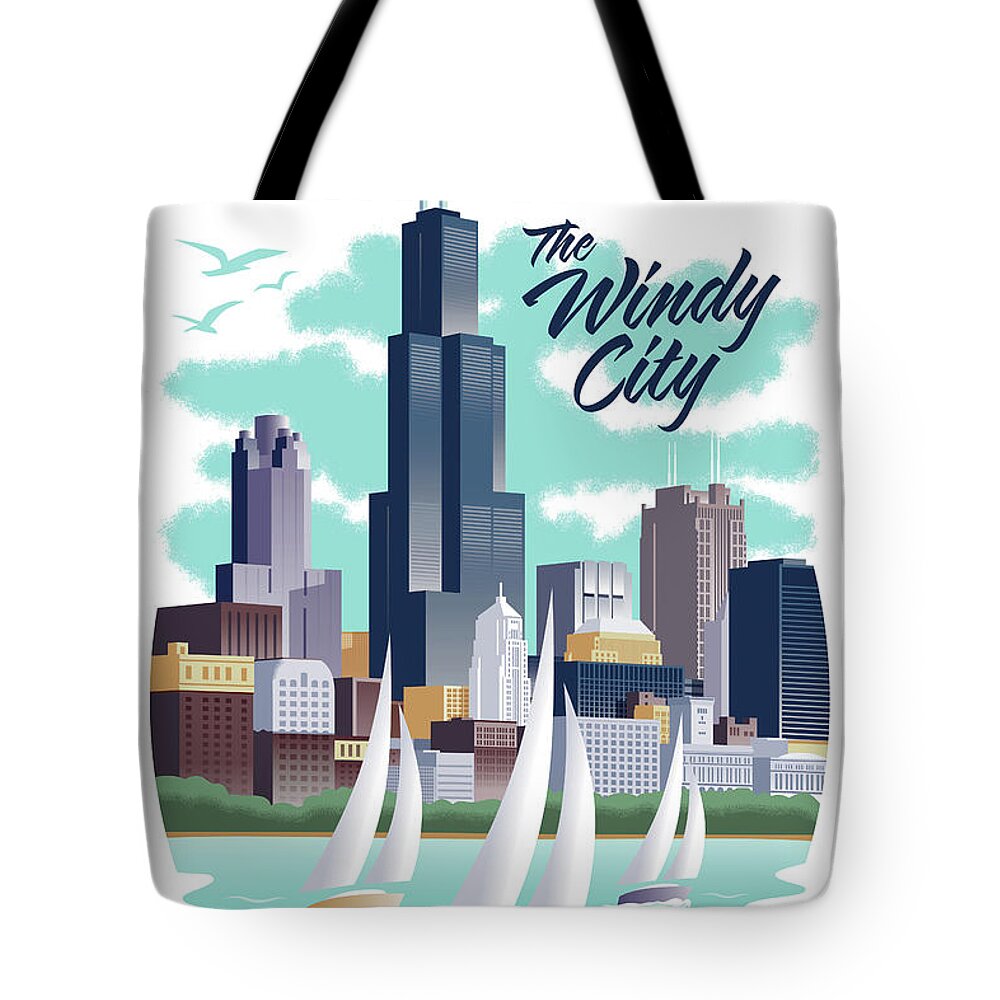 Art Deco Tote Bag featuring the digital art Chicago Poster - Vintage Travel by Jim Zahniser