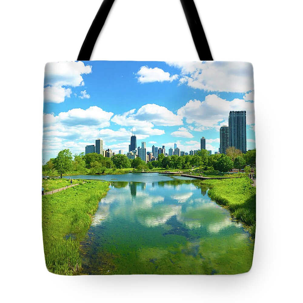 Skyline Tote Bag featuring the photograph Chicago Skyline, Pond Reflection, Lincoln Park by Patrick Malon