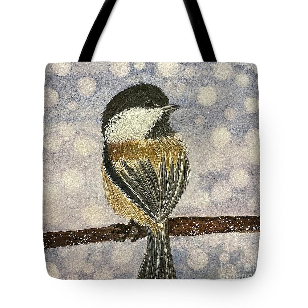 Chickadee Tote Bag featuring the painting Chickadee In Snow by Lisa Neuman