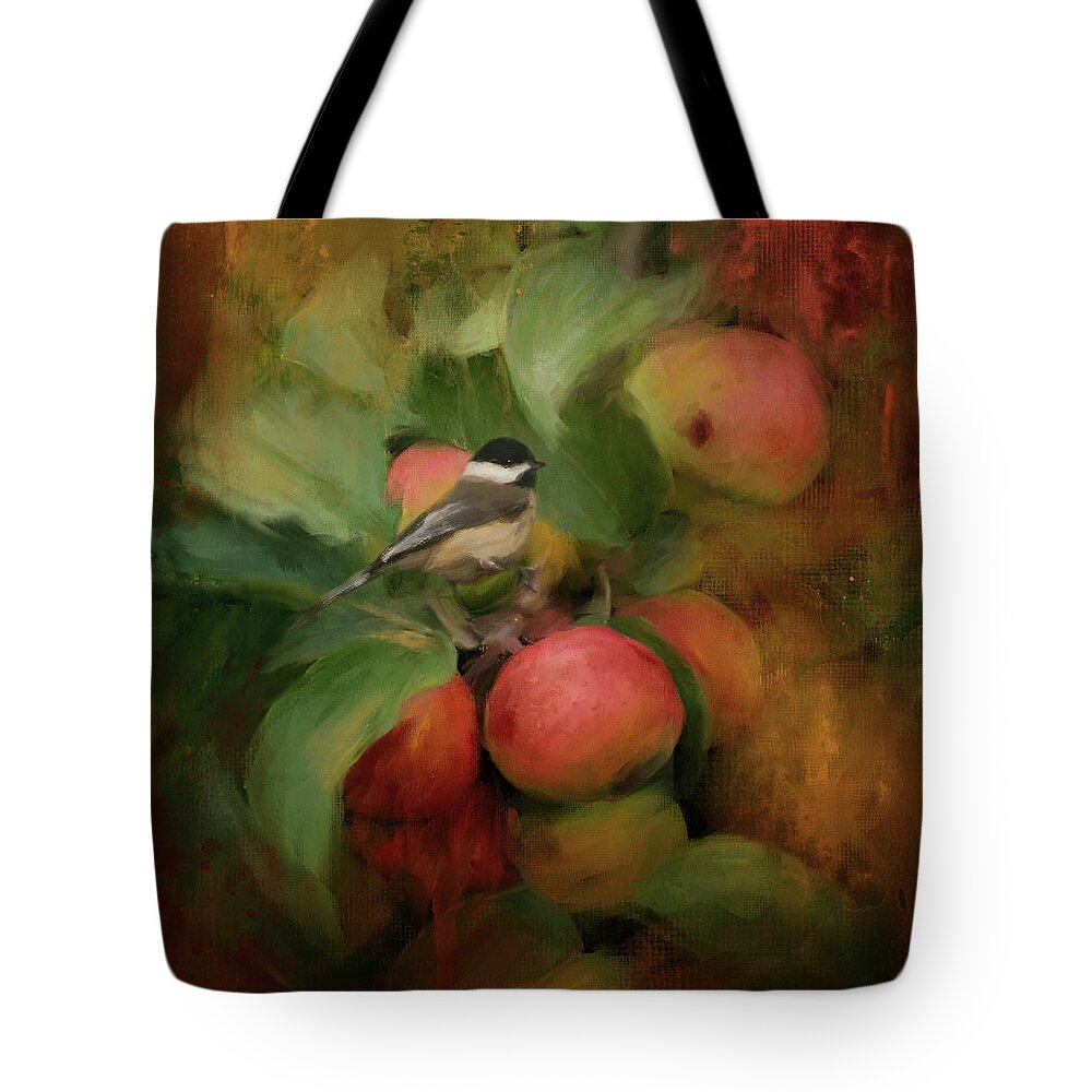 Apple Tote Bag featuring the painting Chickadee In The Apple Tree by Jai Johnson