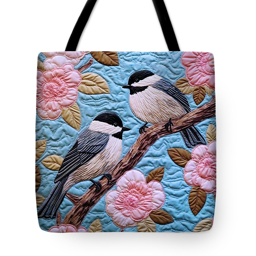 Chickadees Tote Bag featuring the digital art Chickadees and Cherry Blossoms - Quilted Effect by Peggy Collins