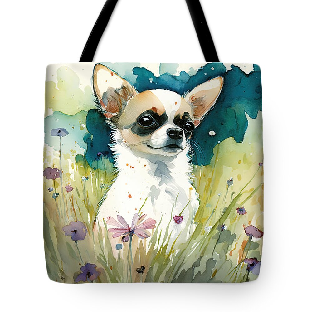 Chihuahua Tote Bag featuring the digital art Chihuahua in a flower field 2 by Debbie Brown