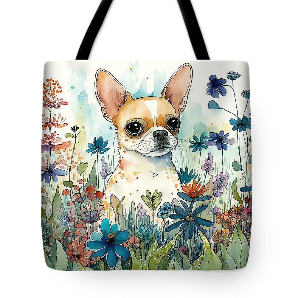 Chihuahua Tote Bag featuring the digital art Chihuahua in a flower field 5 by Debbie Brown