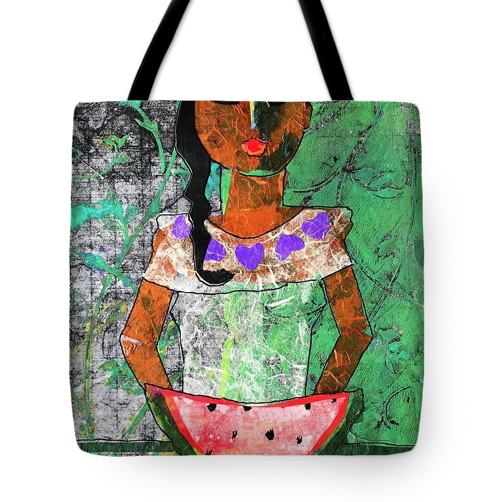 Abstract Portrait Tote Bag featuring the painting Chiquita con Melon by Elaine Elliott