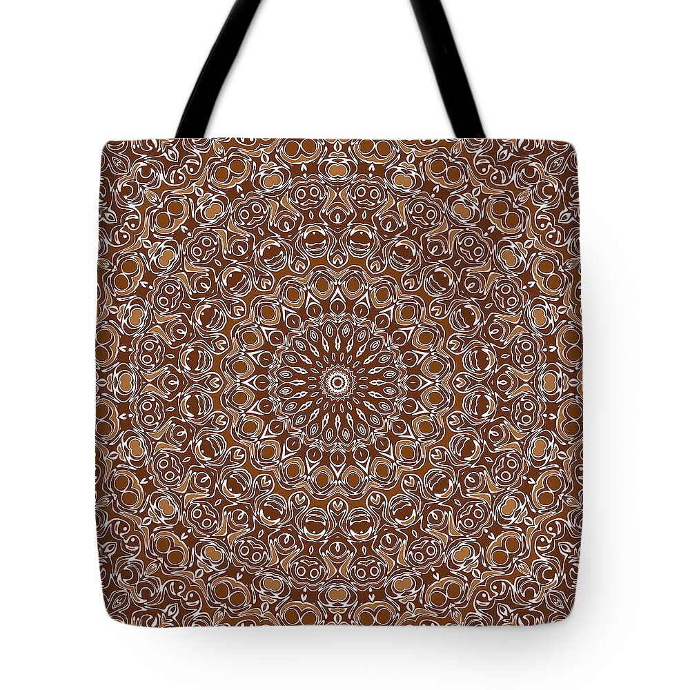 Chocolate Brown Tote Bag featuring the digital art Chocolate Brown Mandala Kaleidoscope Medallion Design by Mercury McCutcheon