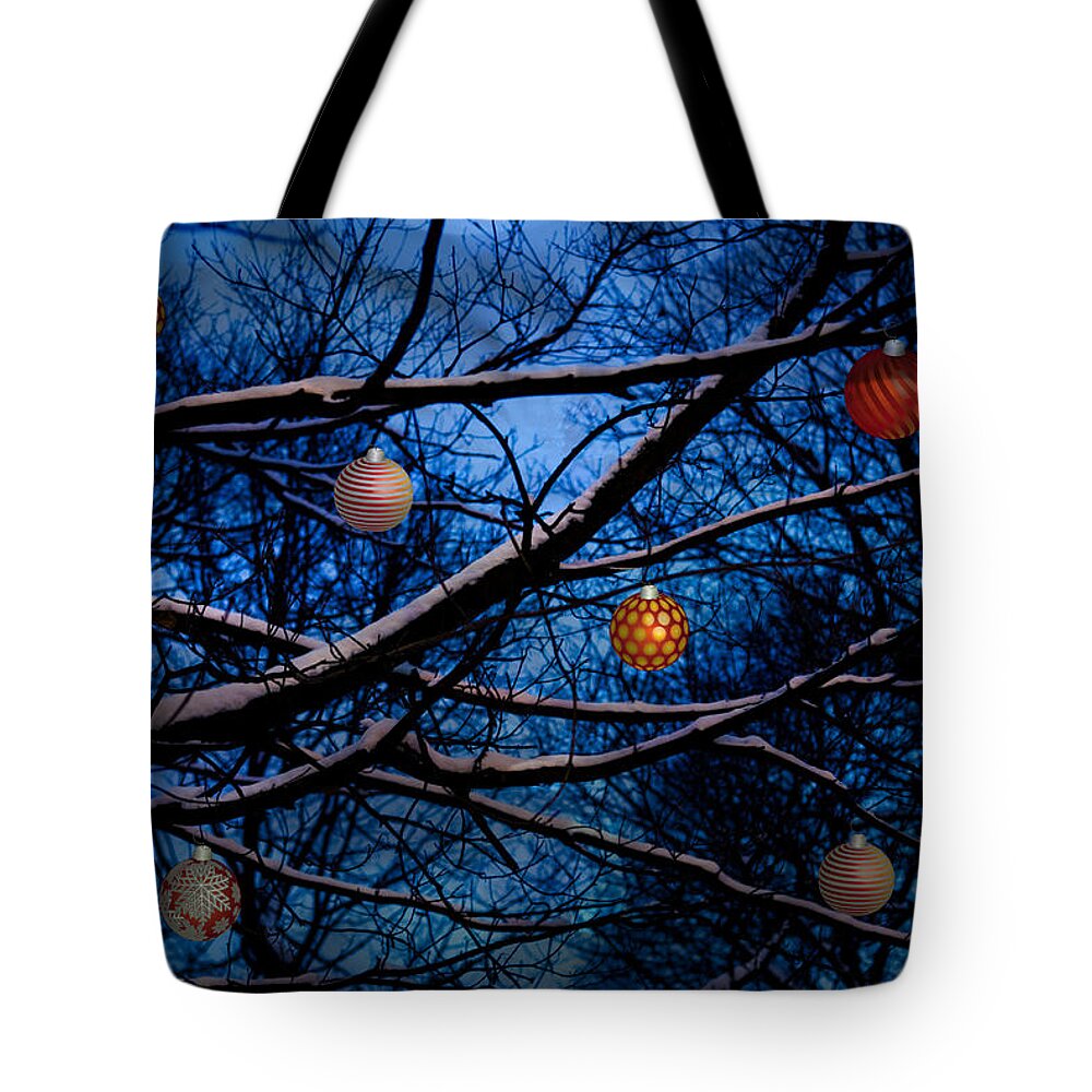 Christmas Tote Bag featuring the mixed media Christmas Dusk by Moira Law