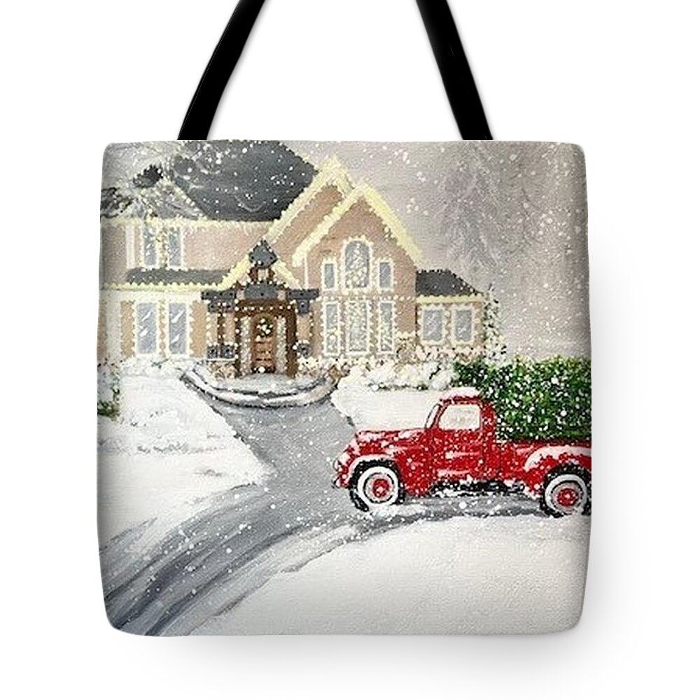 Christmas Tote Bag featuring the painting Christmas in Montana by Juliette Becker