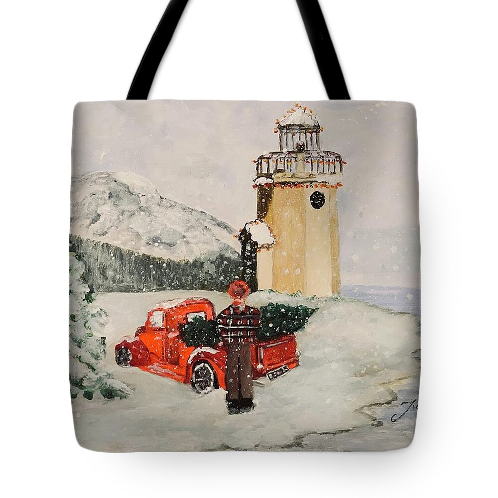 Rainier Tote Bag featuring the painting Christmas in the Harbor by Juliette Becker