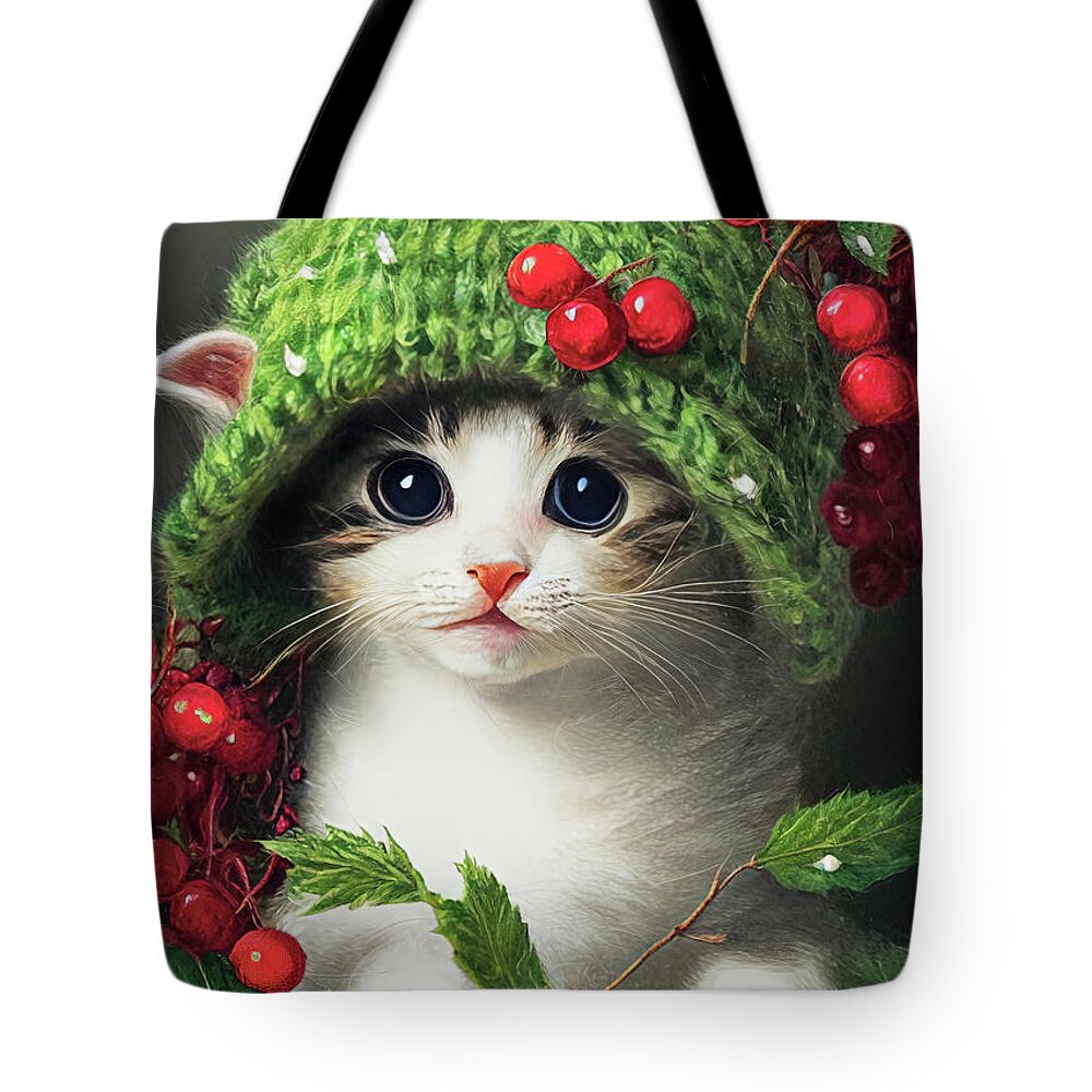 Christmas Tote Bag featuring the painting Christmas Kitten by Tina LeCour
